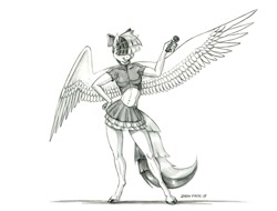 Size: 1400x1064 | Tagged: safe, artist:baron engel, imported from derpibooru, songbird serenade, anthro, pegasus, unguligrade anthro, my little pony: the movie, bow, clothes, female, grayscale, hair bow, hair over eyes, legs, mare, microphone, midriff, miniskirt, monochrome, pencil drawing, simple background, sketch, skirt, solo, traditional art, white background