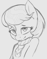 Size: 590x736 | Tagged: safe, artist:tre, imported from derpibooru, auntie lofty, earth pony, semi-anthro, the last crusade, anatomically incorrect, bust, clothes, cute, female, grayscale, human shoulders, lineart, mare, monochrome, scarf, solo