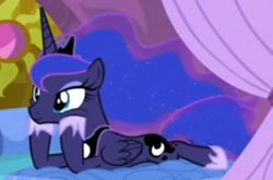 Size: 552x365 | Tagged: safe, imported from derpibooru, screencap, princess luna, alicorn, pony, between dark and dawn, bed, cute, ethereal mane, hoof shoes, hooves on cheeks, lunabetes, lying down, prone, starry mane