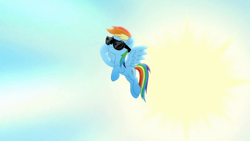 Size: 1920x1080 | Tagged: safe, imported from derpibooru, screencap, rainbow dash, pony, rainbow roadtrip, female, mare, sky, solo, sun, sunglasses