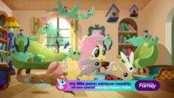 Size: 1920x1080 | Tagged: safe, imported from derpibooru, screencap, angel bunny, fluttershy, rainbow dash, bird, rabbit, rainbow roadtrip, animal, cute, discovery family logo, fluttershy's cottage, shyabetes