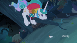 Size: 1811x1019 | Tagged: safe, imported from derpibooru, screencap, princess celestia, alicorn, bird, chicken, pony, between dark and dawn, adorable distress, alektorophobia, cute, discovery family logo, female, mare, night, scared, solo, tree