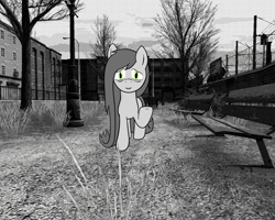 Size: 1280x1024 | Tagged: safe, artist:scraggleman, imported from derpibooru, oc, oc only, pony, bags under eyes, long mane, monochrome, raised hoof, solo, story included, story:lost and found