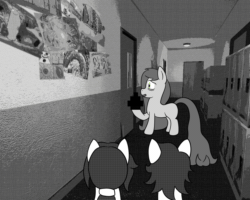 Size: 1280x1024 | Tagged: safe, artist:scraggleman, imported from derpibooru, oc, oc only, oc:floor bored, oc:paradise skies, earth pony, pony, animated, eye, eyes, hallway, lockers, story:lost and found, text