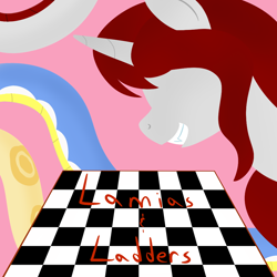 Size: 1000x1000 | Tagged: safe, artist:mightyshockwave, imported from derpibooru, oc, oc only, oc:mist reticle, oc:ruby scales, oc:sunny coils, lamia, original species, pony, snake pony, unicorn, fanfic:lamias and ladders, checkerboard, cover pic, fanfic, fanfic art, female, grin, hooves, horn, lineless, mare, minimalist, modern art, smiling, solo