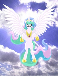 Size: 720x937 | Tagged: safe, artist:texasuberalles, imported from derpibooru, princess celestia, alicorn, pony, female, flying, jewelry, lineless, mare, regalia, solo