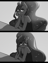 Size: 2126x2776 | Tagged: safe, artist:katputze, imported from derpibooru, princess luna, alicorn, anthro, 2 panel comic, ethereal mane, eye clipping through hair, female, grayscale, hand on chin, lidded eyes, monochrome, sitting, solo, starry mane, table, two panels, wingless, wingless anthro