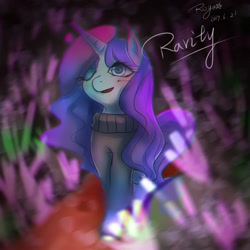 Size: 1000x1000 | Tagged: safe, artist:roya, imported from derpibooru, rarity, pony, unicorn, beatnik rarity, beret, clothes, female, hat, mare, one eye closed, solo, sweater, wink