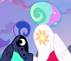 Size: 808x696 | Tagged: safe, imported from derpibooru, screencap, princess celestia, princess luna, alicorn, pony, between dark and dawn, butt, cropped, face down ass up, face not visible, female, mare, moonbutt, out of context, plot, praise the moon, praise the sun, royal sisters, siblings, sisters, sunbutt, tail bun