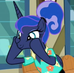 Size: 842x832 | Tagged: safe, imported from derpibooru, screencap, princess luna, pony, between dark and dawn, alternate hairstyle, clothes, cropped, cute, dashface, female, hawaiian shirt, hoof on cheek, lunabetes, mare, post office, shirt, solo