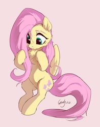 Size: 942x1199 | Tagged: safe, artist:luciferamon, imported from derpibooru, fluttershy, pegasus, pony, chest fluff, cute, female, fluffy, looking at self, mare, shyabetes, simple background, sitting, solo, stray strand, three quarter view, wings