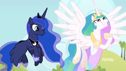 Size: 1366x768 | Tagged: safe, imported from derpibooru, screencap, princess celestia, princess luna, pony, between dark and dawn, discovery family logo, faic, flying, outdoors