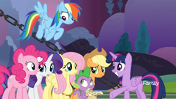 Size: 1366x768 | Tagged: safe, imported from derpibooru, screencap, applejack, fluttershy, pinkie pie, rainbow dash, rarity, spike, twilight sparkle, alicorn, dragon, between dark and dawn, discovery family logo, mane seven, mane six, twilight sparkle (alicorn), winged spike, wings