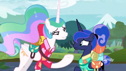 Size: 1366x768 | Tagged: safe, imported from derpibooru, screencap, princess celestia, princess luna, pony, between dark and dawn, alternate hairstyle, clothes, discovery family logo, hawaiian shirt, outdoors, ponytail, saddle bag, shirt, tourist