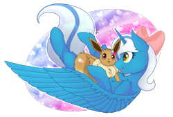 Size: 1088x734 | Tagged: safe, artist:renathesnakecharmers, imported from derpibooru, oc, oc:fleurbelle, alicorn, eevee, pony, alicorn oc, bow, female, hair bow, happy, hug, mare, pokémon