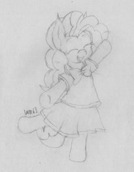 Size: 792x1009 | Tagged: safe, artist:wapamario63, imported from derpibooru, pinkie pie, earth pony, pony, bipedal, clothes, cute, eyes closed, female, happy, mare, moe, monochrome, pleated skirt, school uniform, schoolgirl, sketch, skirt, smiling, solo, traditional art