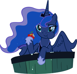 Size: 3000x2895 | Tagged: safe, artist:supermatt314, imported from derpibooru, princess luna, alicorn, pony, luna eclipsed, season 2, apple, bucket, crown, cute, eating, ethereal mane, female, food, herbivore, hoof hold, hoof shoes, jewelry, lunabetes, mare, puffy cheeks, regalia, simple background, solo, spread wings, transparent background, vector, water, wings