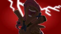 Size: 1920x1080 | Tagged: safe, artist:supermatt314, imported from derpibooru, fluttershy, pegasus, pony, the best night ever, bipedal, clothes, dramatic lighting, dress, evil laugh, eyes closed, female, gala dress, hooves in air, insanity, laughing, lightning, mare, open mouth, red background, scene interpretation, simple background, solo, spread wings, volumetric mouth, wallpaper, wings