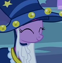 Size: 268x274 | Tagged: safe, imported from derpibooru, screencap, twilight sparkle, pony, luna eclipsed, clothes, costume, cropped, cute, eyes closed, female, happy, mare, nightmare night, nightmare night costume, solo, star swirl the bearded costume