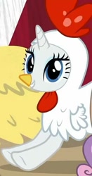 Size: 359x683 | Tagged: safe, imported from derpibooru, screencap, rarity, bird, chicken, forever filly, animal costume, chicken suit, clothes, cosplay, costume, cropped, cute, female, happy, solo