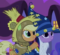 Size: 783x720 | Tagged: safe, imported from derpibooru, screencap, applejack, twilight sparkle, pony, luna eclipsed, cropped, cute, duo, happy, nightmare night, scarecrow, star swirl the bearded costume