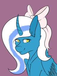 Size: 1280x1696 | Tagged: safe, artist:dazion1999, imported from derpibooru, oc, oc:fleurbelle, alicorn, pony, alicorn oc, bow, female, hair bow, looking at you, mare, smiling, yellow eyes