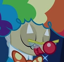 Size: 348x335 | Tagged: safe, imported from derpibooru, screencap, mayor mare, pony, luna eclipsed, clothes, clown, clown makeup, clown nose, costume, cropped, cute, eyes closed, female, mare, nightmare night, nightmare night costume, red nose, scrunchy face, solo