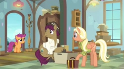 Size: 1920x1080 | Tagged: safe, imported from derpibooru, screencap, mane allgood, scootaloo, snap shutter, pony, the last crusade, clothes, shirt, suitcase