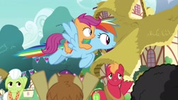 Size: 1920x1080 | Tagged: safe, imported from derpibooru, screencap, big macintosh, feather bangs, granny smith, mercury, rainbow dash, scootaloo, starry eyes (character), sugar belle, earth pony, pegasus, pony, the last crusade, big macintosh's yoke, horse collar, ponies riding ponies, riding, scootaloo riding rainbow dash, scootalove, unshorn fetlocks, waving