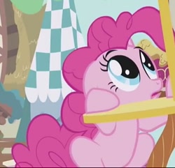 Size: 488x470 | Tagged: safe, imported from derpibooru, screencap, pinkie pie, pony, griffon the brush off, cropped, cute, diapinkes, ears back, female, floppy ears, mare, open mouth, scared, sitting, solo, wide eyes