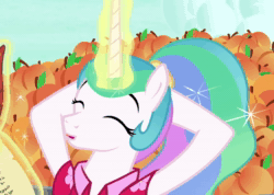 Size: 1520x1080 | Tagged: safe, imported from derpibooru, screencap, princess celestia, pony, between dark and dawn, alternate hairstyle, animated, cute, cutelestia, daaaaaaaaaaaw, eyes closed, female, flowing mane, food, loop, lotta little things, mare, no sound, peach, ponytail, singing, solo, webm