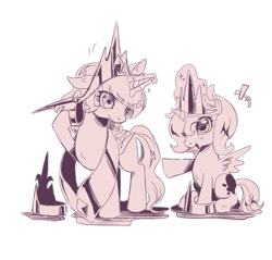 Size: 500x477 | Tagged: safe, artist:murai shinobu, imported from derpibooru, princess celestia, princess luna, pony, cewestia, crown, female, filly, hoof shoes, jewelry, magic, monochrome, regalia, royal sisters, woona, younger