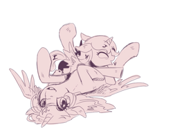 Size: 498x396 | Tagged: safe, artist:murai shinobu, imported from derpibooru, princess celestia, princess luna, pony, cewestia, eyes closed, female, filly, monochrome, pixiv, royal sisters, woona, younger