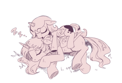 Size: 500x339 | Tagged: safe, artist:murai shinobu, imported from derpibooru, princess celestia, princess luna, pony, cewestia, cute, female, filly, monochrome, pixiv, royal sisters, sleeping, woona, younger