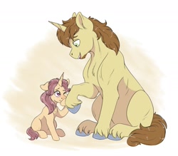 Size: 1745x1528 | Tagged: safe, artist:pastel-charms, imported from derpibooru, donut joe, oc, oc:sonata glazed, pony, unicorn, father and daughter, female, filly, male, offspring, parent:donut joe, parent:rarity, parents:rarijoe