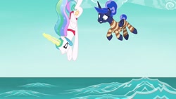 Size: 1920x1080 | Tagged: safe, imported from derpibooru, screencap, princess celestia, princess luna, alicorn, pony, between dark and dawn, barehoof, bikini, clothes, confident, diving, duo, female, glowing horn, hair bun, horn, magic, magic aura, mare, ocean, ponytail, red swimsuit, royal sisters, siblings, sisters, striped swimsuit, swimsuit, tail bun, water, worried