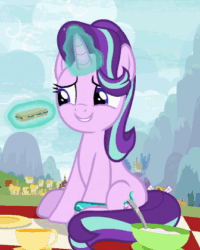 Size: 336x419 | Tagged: safe, imported from derpibooru, screencap, starlight glimmer, pony, unicorn, student counsel, animated, aweeg*, bracelet, cropped, cute, eating, female, food, gif, glimmerbetes, herbivore, jewelry, mare, puffy cheeks, sandwich, sitting, solo