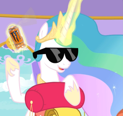 Size: 1141x1079 | Tagged: safe, edit, edited screencap, imported from derpibooru, screencap, princess celestia, alicorn, pony, between dark and dawn, boomer, cloud, cropped, female, meme, monster energy, sleeping bag, solo, sunglasses, window