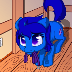 Size: 1200x1200 | Tagged: safe, artist:umgaris, imported from derpibooru, oc, oc only, oc:delly, pony, unicorn, begging, cute, female, leash, looking at you, mare, mouth hold, pet play, pony pet, tail, ych result