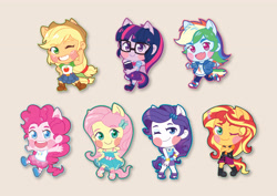 Size: 4961x3508 | Tagged: safe, artist:kalthedestroyer, imported from derpibooru, applejack, fluttershy, pinkie pie, rainbow dash, rarity, sci-twi, sunset shimmer, twilight sparkle, equestria girls, equestria girls series, blush sticker, blushing, boots, chibi, clothes, colored pupils, converse, cowboy boots, cowboy hat, cute, cute little fangs, dashabetes, diapinkes, fangs, female, hat, humane five, humane seven, humane six, jackabetes, looking at you, ponied up, raribetes, scitwilicorn, shimmerbetes, shoes, shyabetes, skirt, smiling, sneakers, twiabetes