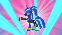 Size: 1920x1080 | Tagged: safe, imported from derpibooru, screencap, princess luna, alicorn, pony, between dark and dawn, 80s, 80s princess luna, alternate hairstyle, eyes closed, female, mare, raised hoof, solo, sunburst background