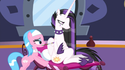 Size: 1920x1080 | Tagged: safe, imported from derpibooru, screencap, aloe, princess celestia, alicorn, earth pony, pony, between dark and dawn, celestia is not amused, choker, duo, emo, emolestia, female, goth, hoof shoes, it happened, mare, mouth hold, punklestia, unamused