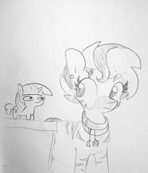 Size: 1440x1681 | Tagged: safe, artist:tjpones, imported from derpibooru, twilight sparkle, oc, pony, unicorn, zebra, chubbie, duo, ear piercing, female, grayscale, mare, monochrome, pencil drawing, piercing, simple background, smol, this will end in racism, tiny, tiny ponies, traditional art, twiggie, unicorn twilight, zebra oc