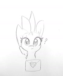 Size: 1358x1630 | Tagged: safe, artist:tjpones, imported from derpibooru, fizzlepop berrytwist, tempest shadow, pony, unicorn, broken horn, bust, cute, eye scar, female, grayscale, heart, horn, letter, looking at you, love letter, mare, monochrome, pencil drawing, question mark, scar, simple background, solo, tempestbetes, traditional art
