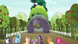 Size: 1920x1080 | Tagged: safe, imported from derpibooru, screencap, applejack, fluttershy, mr. tortoisnap, pinkie pie, rainbow dash, rarity, spike, twilight sparkle, alicorn, dragon, tortoise, between dark and dawn, apple, apple tree, eating, food, giant tortoise, herbivore, mane six, orchard, sweet apple acres, tree, twilight sparkle (alicorn), winged spike, wings