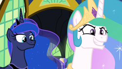 Size: 1920x1080 | Tagged: safe, imported from derpibooru, screencap, princess celestia, princess luna, pony, between dark and dawn, ethereal mane, evil grin, faic, female, grin, mare, royal sisters, siblings, sisters, smiling, starry mane