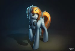 Size: 1600x1080 | Tagged: safe, artist:l1nkoln, imported from derpibooru, oc, oc only, oc:thinker, pony, unicorn, commission, cute, dark background, handsome, headphones, male, raised hoof, shadow, smiling, solo