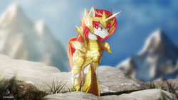 Size: 1920x1080 | Tagged: safe, artist:zidanemina, imported from derpibooru, oc, oc only, oc:burning sunlight, pony, anime, armor, crossover, female, not sunset shimmer, saint seiya, solo