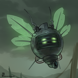 Size: 1500x1500 | Tagged: safe, artist:jedayskayvoker, imported from derpibooru, pony, robot, fallout equestria, fanfic art, flying, metallic, raffle prize, solo, spritebot, wasteland