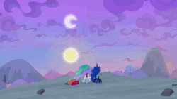 Size: 1920x1080 | Tagged: safe, imported from derpibooru, screencap, princess celestia, princess luna, spike, twilight sparkle, alicorn, dragon, pony, between dark and dawn, :|, animated, clothes, crescent moon, female, hair bun, mare, moon, no sound, ponytail, royal sisters, shirt, sun, tail bun, twilight sparkle (alicorn), webm, winged spike, wings